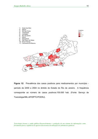 Sergio Rabello Alves
Toxicologia forense e saúde pública:Desenvolvimento e avaliação de um sistema de informações como
ferramenta para a vigilância de agravos decorrentes da utilização de substâncias químicas
93
1) Angra dos Reis
2) Itaguaí
3) Rio das Flores
4) Teresópolis
5) Cantagalo
6) Rio de Janeiro
7) Niterói
8) Saquarema
9) São Pedro da Aldeia
10) Nova Friburgo
11) Cachoeiras de Macacu
11
10
9
876
5
4
3
2
1
Figura 12: Prevalência dos casos positivos para medicamentos por município -
período de 2000 a 2004 no âmbito do Estado do Rio de Janeiro. A freqüência
corresponde ao número de casos positivos:100.000 hab. (Fonte: Serviço de
Toxicologia/IML-AP/DPTC/PCERJ).
 