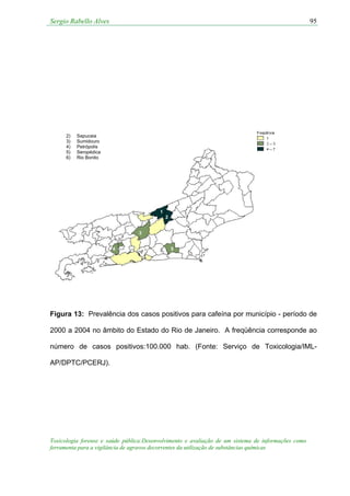 Sergio Rabello Alves
Toxicologia forense e saúde pública:Desenvolvimento e avaliação de um sistema de informações como
ferramenta para a vigilância de agravos decorrentes da utilização de substâncias químicas
95
54
3
2
1
2) Sapucaia
3) Sumidouro
4) Petrópolis
5) Seropédica
6) Rio Bonito
Figura 13: Prevalência dos casos positivos para cafeína por município - período de
2000 a 2004 no âmbito do Estado do Rio de Janeiro. A freqüência corresponde ao
número de casos positivos:100.000 hab. (Fonte: Serviço de Toxicologia/IML-
AP/DPTC/PCERJ).
 