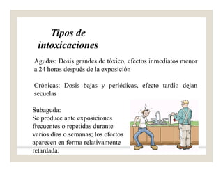 Tipos de
intoxicaciones
Agudas: Dosis grandes de tóxico, efectos inmediatos menor
a 24 horas después de la exposición
Crónicas: Dosis bajas y periódicas, efecto tardío dejan
secuelas
Subaguda:
Se produce ante exposiciones
frecuentes o repetidas durante
varios días o semanas; los efectos
aparecen en forma relativamente
retardada.
 