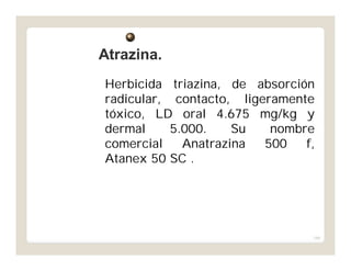 164
Herbicida triazina, de absorción
radicular, contacto, ligeramente
tóxico, LD oral 4.675 mg/kg y
dermal 5.000. Su nombre
comercial Anatrazina 500 f,
Atanex 50 SC .
Atrazina.Atrazina.
 