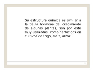 169
Su estructura química es similar a
la de la hormona del crecimiento
de algunas plantas, son por esto
muy utilizadas como herbicidas en
cultivos de trigo, maiz, arroz.
 
