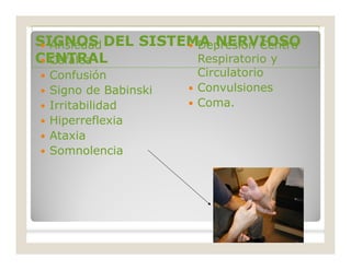 SIGNOS DEL SISTEMA NERVIOSOSIGNOS DEL SISTEMA NERVIOSO
CENTRALCENTRAL
 Ansiedad
 Cefalea
 Confusión
 Signo de Babinski
 Irritabilidad
 Hiperreflexia
 Ataxia
 Somnolencia
 Depresión Centro
Respiratorio y
Circulatorio
 Convulsiones
 Coma.
 
