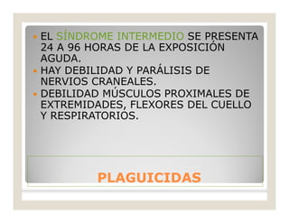 PLAGUICIDASPLAGUICIDAS
 EL SÍNDROME INTERMEDIO SE PRESENTA
24 A 96 HORAS DE LA EXPOSICIÓN
AGUDA.
 HAY DEBILIDAD Y PARÁLISIS DE
NERVIOS CRANEALES.
 DEBILIDAD MÚSCULOS PROXIMALES DE
EXTREMIDADES, FLEXORES DEL CUELLO
Y RESPIRATORIOS.
 