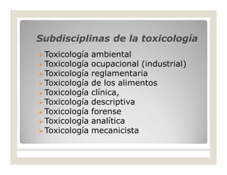 SubdisciplinasSubdisciplinas de la toxicologíade la toxicología
Toxicología ambiental
Toxicología ocupacional (industrial)
Toxicología reglamentaria
Toxicología de los alimentos
Toxicología clínica,
Toxicología descriptiva
Toxicología forense
Toxicología analítica
Toxicología mecanicista
 