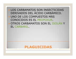 PLAGUICIDASPLAGUICIDAS
 LOS CARBAMATOS SON INSECTICIDAS
DERIVADOS DEL ÁCIDO CARBÁMICO.
 UNO DE LOS COMPUESTOS MÁS
CONOCIDOS ES EL PROPOXUR.
 OTROS CARBAMATOS SON EL ISOLÁN Y
EL CARBARIL.
 