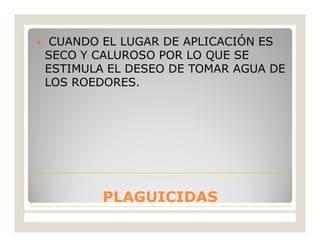 PLAGUICIDASPLAGUICIDAS
 CUANDO EL LUGAR DE APLICACIÓN ES
SECO Y CALUROSO POR LO QUE SE
ESTIMULA EL DESEO DE TOMAR AGUA DE
LOS ROEDORES.
 