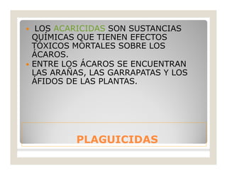 PLAGUICIDASPLAGUICIDAS
 LOS ACARICIDAS SON SUSTANCIAS
QUÍMICAS QUE TIENEN EFECTOS
TÓXICOS MORTALES SOBRE LOS
ÁCAROS.
 ENTRE LOS ÁCAROS SE ENCUENTRAN
LAS ARAÑAS, LAS GARRAPATAS Y LOS
ÁFIDOS DE LAS PLANTAS.
 