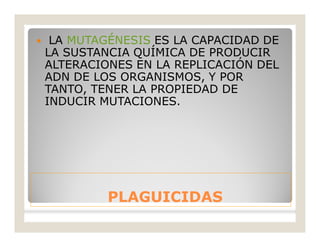 PLAGUICIDASPLAGUICIDAS
 LA MUTAGÉNESIS ES LA CAPACIDAD DE
LA SUSTANCIA QUÍMICA DE PRODUCIR
ALTERACIONES EN LA REPLICACIÓN DEL
ADN DE LOS ORGANISMOS, Y POR
TANTO, TENER LA PROPIEDAD DE
INDUCIR MUTACIONES.
 