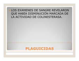 PLAGUICIDASPLAGUICIDAS
 LOS EXAMENES DE SANGRE REVELARON
QUE HABÍA DISMINUCIÓN MARCADA DE
LA ACTIVIDAD DE COLINESTERASA.
 