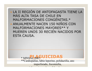 PLAGUICIDASPLAGUICIDAS
 LA II REGIÓN DE ANTOFAGASTA TIENE LA
MÁS ALTA TASA DE CHILE EN
MALFORMACIONES CONGÉNITAS.*
 ANUALMENTE NACEN 150 NIÑOS CON
MALFORMACIONES MAYORES** Y
MUEREN UNOS 30 RECIÉN NACIDOS POR
ESTA CAUSA.
**Cardiopatías, labio leporino, polidactilia, ano
imperforado, focomielia,
mielomeningocele, onfalocele y otras.
* MINSAL,2007.
 