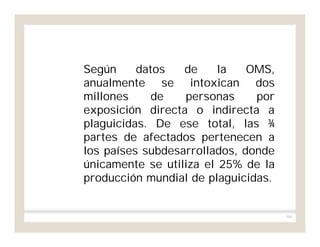 104
Según datos de la OMS,
anualmente se intoxican dos
millones de personas por
exposición directa o indirecta a
plaguicidas. De ese total, las ¾
partes de afectados pertenecen a
los países subdesarrollados, donde
únicamente se utiliza el 25% de la
producción mundial de plaguicidas.
 