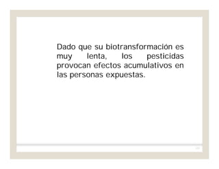 111
Dado que su biotransformación es
muy lenta, los pesticidas
provocan efectos acumulativos en
las personas expuestas.
 