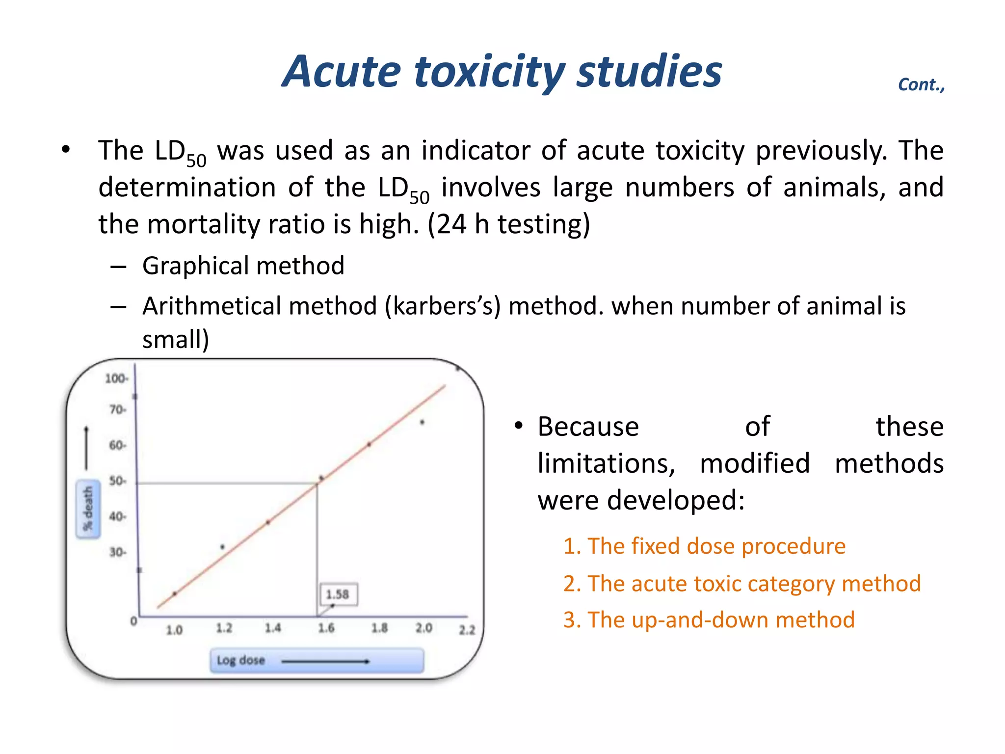 Acute toxicity studies
• The LD50 was used as an indicator of acute toxicity previously. The
determination of the LD50 involves large numbers of animals, and
the mortality ratio is high. (24 h testing)
– Graphical method
– Arithmetical method (karbers’s) method. when number of animal is
small)
• Because of these
limitations, modified methods
were developed:
1. The fixed dose procedure
2. The acute toxic category method
3. The up-and-down method
Cont.,
 