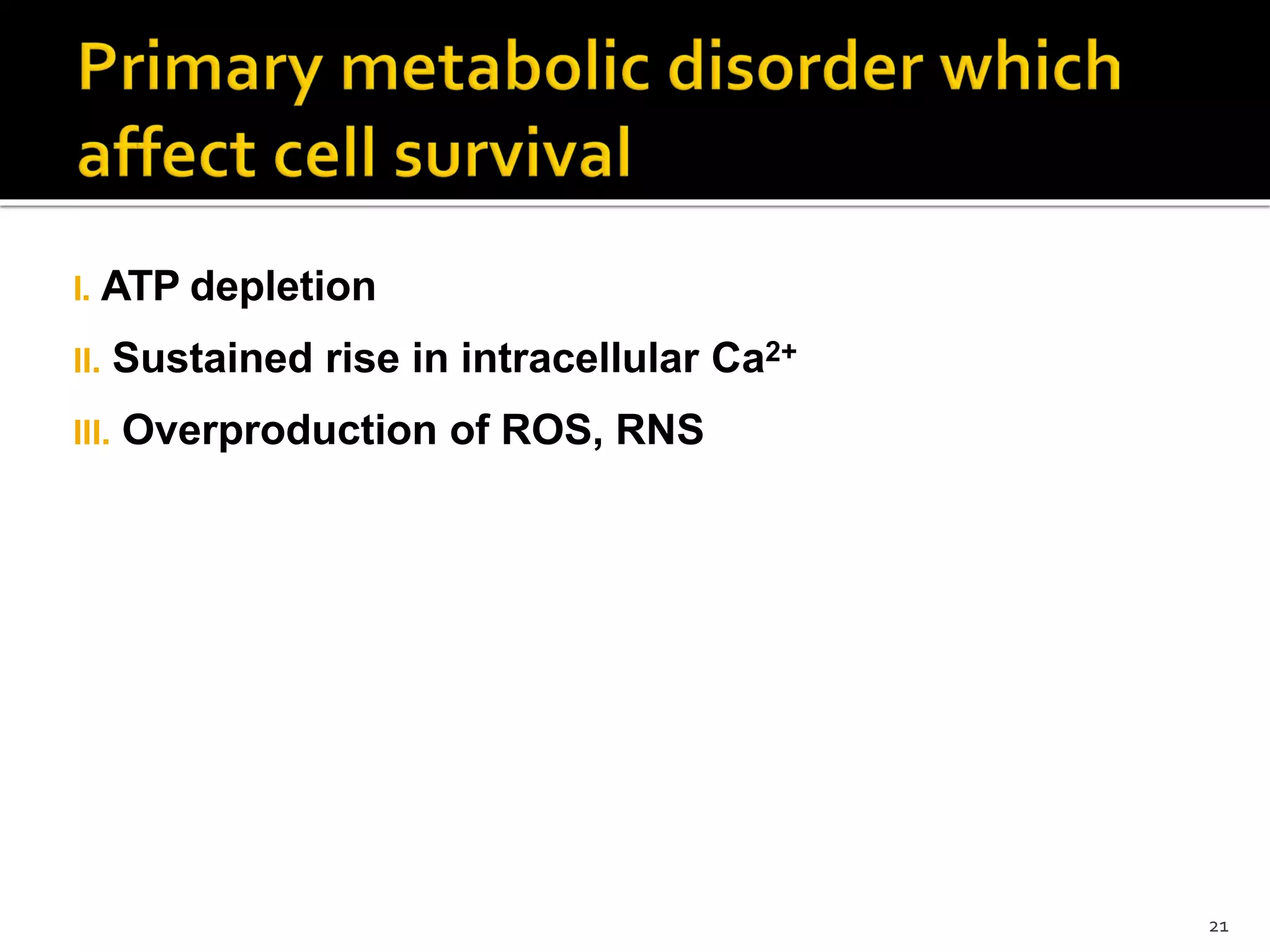 I. ATP depletion
II. Sustained rise in intracellular Ca2+
III. Overproduction of ROS, RNS
21
 