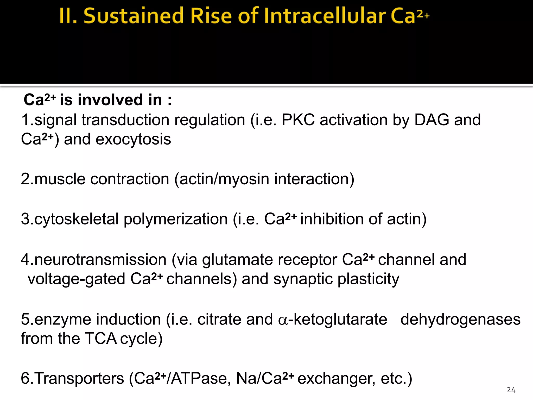 Ca2+ is involved in :
1.signal transduction regulation (i.e. PKC activation by DAG and
Ca2+) and exocytosis
2.muscle contraction (actin/myosin interaction)
3.cytoskeletal polymerization (i.e. Ca2+ inhibition of actin)
4.neurotransmission (via glutamate receptor Ca2+ channel and
voltage-gated Ca2+ channels) and synaptic plasticity
5.enzyme induction (i.e. citrate and α-ketoglutarate dehydrogenases
from the TCA cycle)
6.Transporters (Ca2+/ATPase, Na/Ca2+ exchanger, etc.) 24
 