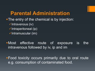 Parental Administration
The entry of the chemical is by injection:
Intravenous (iv)
Intraperitoneal (ip)
Intramuscular (im)
Most effective route of exposure is the
intravenous followed by iv, ip and im
Food toxicity occurs primarily due to oral route
e.g. consumption of contaminated food.
 