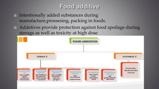  Intentionally added substances during
manufacture,prossesing, packing in foods.
 Addetives provide protection against food spoilage during
storage as well as toxicity at high dose
 