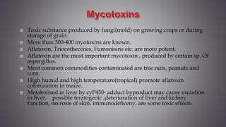  Toxic substance produced by fungi(mold) on growing crops or during
storage of grain.
 More than 300-400 myotoxins are known.
 Aflatoxin, Triocothecenes, Fumonisins etc. are more potent.
 Aflatoxin are the most important mycotoxin , produced by certain sp. Of
aspergillus.
 Most common commodities contaminated are tree nuts, peanuts and
corn.
 High humid and high temperature(tropical) promote aflatoxin
colonization in maize.
 Metabolised in liver by cyP450- adduct byproduct may cause mutation
in liver. possible teratogenic ,deterioration of liver and kidney
function, necrosis of skin, immunodeficeny, are some toxic effects.
 