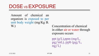 DOSE VS EXPOSURE
Amount of chemical an
organism is exposed to per
unit body weight (mg/Kg B.
W.) Concentration of chemical
in either air or water through
exposure occurs
ppt (g/L),ppm (mg/L,
μg/mL), ppb (μg/L,
ng/L)
3/23/2021 VPT 608 13
 