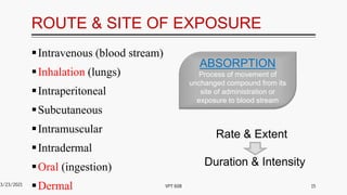 ROUTE & SITE OF EXPOSURE
Intravenous (blood stream)
Inhalation (lungs)
Intraperitoneal
Subcutaneous
Intramuscular
Intradermal
Oral (ingestion)
Dermal
3/23/2021 15
VPT 608
ABSORPTION
Process of movement of
unchanged compound from its
site of administration or
exposure to blood stream
Rate & Extent
Duration & Intensity
 