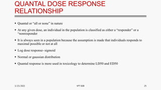 QUANTAL DOSE RESPONSE
RELATIONSHIP
 Quantal or “all or none” in nature
 At any given dose, an individual in the population is classified as either a “responder” or a
“nonresponder
 It is always seen in a population because the assumption is made that individuals responds to
maximal possible or not at all
 Log dose response- sigmoid
 Normal or gaussian distribution
 Quantal response is more used in toxicology to determine LD50 and ED50
3/23/2021 25
VPT 608
 