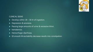 CLINICAL SIGNS
 Develop within 18 – 36 hr of ingestion.
 Depression & anorexia.
 Passing large amounts of urine & excessive thirst.
 hematemsis.
 Hemorrhagic diarrhoea.
 GI smooth M excitability decrease results into constipation.
 