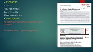  PROGNOSIS
Ph <7.2
Hco3 <18 mmol/lt
Sbp < 90 mmHg
Altered mental status
 Latest updates
Role of insulin euglycemia in outcome of AlP
poisoning
Role of ECMO in ALP poisoning patients
 