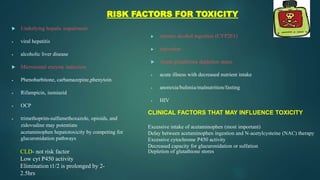  Underlying hepatic impairment
 viral hepatitis
 alcoholic liver disease
 Microsomal enzyme induction
 Phenobarbitone, carbamazepine,phenytoin
 Rifampicin, isoniazid
 OCP
 trimethoprim-sulfamethoxazole, opioids, and
zidovudine may potentiate
acetaminophen hepatotoxicity by competing for
glucuronidation pathways
 chronic alcohol ingestion (CYP2E1)
 starvation
 Acute glutathione depletion states
 acute illness with decreased nutrient intake
 anorexia/bulimia/malnutrition/fasting
 HIV
RISK FACTORS FOR TOXICITY
CLINICAL FACTORS THAT MAY INFLUENCE TOXICITY
Excessive intake of acetaminophen (most important)
Delay between acetaminophen ingestion and N-acetylcysteine (NAC) therapy
Excessive cytochrome P450 activity
Decreased capacity for glucuronidation or sulfation
Depletion of glutathione stores
CLD- not risk factor
Low cyt P450 activity
Elimination t1/2 is prolonged by 2-
2.5hrs
 
