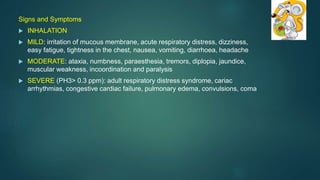 Signs and Symptoms
 INHALATION
 MILD: irritation of mucous membrane, acute respiratory distress, dizziness,
easy fatigue, tightness in the chest, nausea, vomiting, diarrhoea, headache
 MODERATE: ataxia, numbness, paraesthesia, tremors, diplopia, jaundice,
muscular weakness, incoordination and paralysis
 SEVERE (PH3> 0.3 ppm): adult respiratory distress syndrome, cariac
arrhythmias, congestive cardiac failure, pulmonary edema, convulsions, coma
 