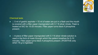 Chemical tests
 5 ml of gastric aspirate + 15 ml of water are put in a flask and the mouth
is covered with a filter paper impregnated with 0.1 N silver nitrate. Flask is
heated at 50C for 15-20 minutes. Filter paper turns black if phosphine
present.
 A piece of filter paper impregnated with 0.1 N silver nitrate solution is
used in the form of mask through which the patient breathes for 5-10
minutes. Filter paper turns black if phosphine present. (POSITIVE only
when >6 g is ingested)
 