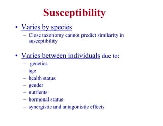 Susceptibility
• Varies by species
– Close taxonomy cannot predict similarity in
susceptibility
• Varies between individuals due to:
– genetics
– age
– health status
– gender
– nutrients
– hormonal status
– synergistic and antagonistic effects
 