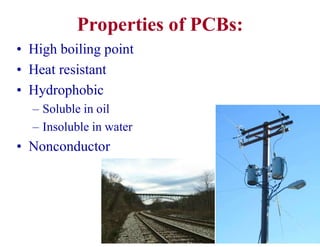 Properties of PCBs:
• High boiling point
• Heat resistant
• Hydrophobic
– Soluble in oil
– Insoluble in water
• Nonconductor
 