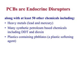 PCBs are Endocrine Disruptors
along with at least 50 other chemicals including:
• Heavy metals (lead and mercury)
• Many synthetic petroleum based chemicals
including DDT and dioxin
• Plastics containing phthlates (a plastic softening
agent)
 
