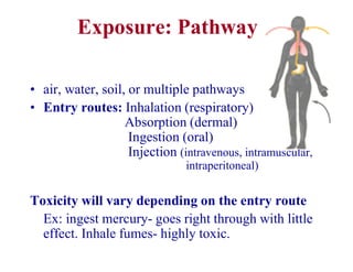 Exposure: Pathway
• air, water, soil, or multiple pathways
• Entry routes: Inhalation (respiratory)
Absorption (dermal)
Ingestion (oral)
Injection (intravenous, intramuscular,
intraperitoneal)
Toxicity will vary depending on the entry route
Ex: ingest mercury- goes right through with little
effect. Inhale fumes- highly toxic.
 