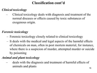16
Classification cont’d
Clinical toxicology
– Clinical toxicology deals with diagnosis and treatment of the
normal diseases or effects caused by toxic substances of
exogenous origin.
Forensic toxicology
– Forensic toxicology closely related to clinical toxicology
– It deals with the medical and legal aspects of the harmful effects
of chemicals on man, often in post mortem material, for instance,
where there is a suspicion of murder, attempted murder or suicide
by poisoning
Animal and plant toxicology
– deals with the diagnosis and treatment of harmful effects of
animals and plants
 
