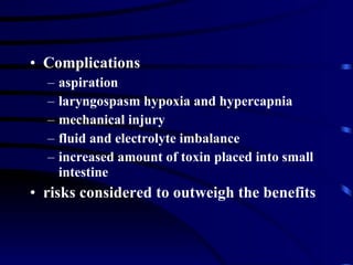 Complications aspiration laryngospasm hypoxia and hypercapnia mechanical injury fluid and electrolyte imbalance increased amount of toxin placed into small intestine risks considered to outweigh the benefits 