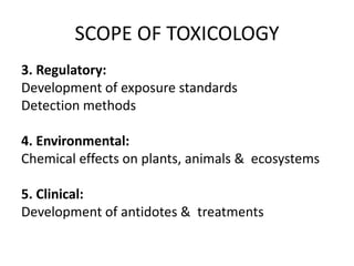 SCOPE OF TOXICOLOGY
3. Regulatory:
Development of exposure standards
Detection methods
4. Environmental:
Chemical effects on plants, animals & ecosystems
5. Clinical:
Development of antidotes & treatments
 
