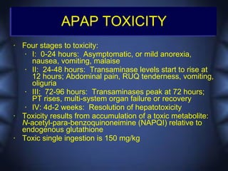APAP TOXICITY
•   Four stages to toxicity:
     • I: 0-24 hours: Asymptomatic, or mild anorexia,
       nausea, vomiting, malaise
     • II: 24-48 hours: Transaminase levels start to rise at
       12 hours; Abdominal pain, RUQ tenderness, vomiting,
       oliguria
     • III: 72-96 hours: Transaminases peak at 72 hours;
       PT rises, multi-system organ failure or recovery
     • IV: 4d-2 weeks: Resolution of hepatotoxicity
•   Toxicity results from accumulation of a toxic metabolite:
    N-acetyl-para-benzoquinoneimine (NAPQI) relative to
    endogenous glutathione
•   Toxic single ingestion is 150 mg/kg
 