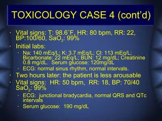 TOXICOLOGY CASE 4 (cont’d)
•   Vital signs: T: 98.6˚F, HR: 80 bpm, RR: 22,
    BP:100/60, SaO2: 99%
•   Initial labs:
     •   Na: 140 mEq/L; K: 3.7 mEq/L; Cl: 113 mEq/L;
         Bicarbonate: 22 mEq/L; BUN: 12 mg/dL; Creatinine
         0.8 mg/dL. Serum glucose: 120mg/dL
     •   ECG: normal sinus rhythm, normal intervals.
•   Two hours later: the patient is less arousable
•   Vital signs: HR: 50 bpm, RR: 18, BP: 70/40
    SaO2: 99%
     •   ECG: junctional bradycardia, normal QRS and QTc
         intervals
     •   Serum glucose: 190 mg/dL
 