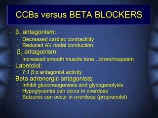 CCBs versus BETA BLOCKERS
•   β1 antagonism:
    •   Decreased cardiac contractility
    •   Reduced AV nodal conduction
•   β2 antagonism:
    •   Increased smooth muscle tone…bronchospasm
•   Labetolol:
    •   7:1 β:α antagonist activity
•   Βeta adrenergic antagonists:
    •   Inhibit gluconeogenesis and glycogenolysis
    •   Hypoglycemia can occur in overdose
    •   Seizures can occur in overdose (propranolol)
 