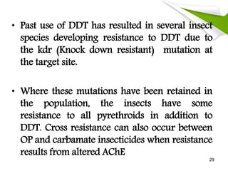 • Past use of DDT has resulted in several insect
species developing resistance to DDT due to
the kdr (Knock down resistant) mutation at
the target site.
• Where these mutations have been retained in
the population, the insects have some
resistance to all pyrethroids in addition to
DDT. Cross resistance can also occur between
OP and carbamate insecticides when resistance
results from altered AChE
29
 