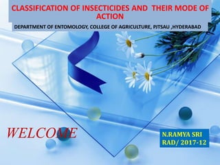 WELCOME
DEPARTMENT OF ENTOMOLOGY, COLLEGE OF AGRICULTURE, PJTSAU ,HYDERABAD
CLASSIFICATION OF INSECTICIDES AND THEIR MODE OF
ACTION
N.RAMYA SRI
RAD/ 2017-12
 