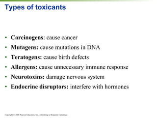 Types of toxicants Carcinogens : cause cancer Mutagens:  cause mutations in DNA Teratogens:  cause birth defects Allergens:  cause unnecessary immune response Neurotoxins:  damage nervous system Endocrine disruptors:  interfere with hormones 