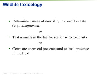 Wildlife toxicology Determine causes of mortality in die-off events (e.g.,  toxoplasma) or Test animals in the lab for response to toxicants or Correlate chemical presence and animal presence in the field 