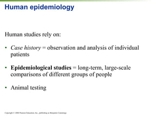 Human epidemiology Human studies rely on: Case history  = observation and analysis of individual patients Epidemiological studies  = long-term, large-scale comparisons of different groups of people Animal testing 
