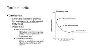 Toxicokinetic
• Distribution
• Reversible transfer of chemical
between general circulation and
body tissue
• Depends on
• Rate of distribution
• Ability to cross cell membrane e.g.
ability to cross blood brain barrier
• Tissue blood flow
• Extent of distribution
• Affinity of blood/plasma e.g. ability
of some chemical to bind with
albumin
 