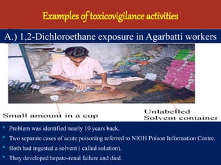 • Problem was identified nearly 10 years back.
• Two separate cases of acute poisoning referred to NIOH Poison Information Centre.
• Both had ingested a solvent ( called solution).
• They developed hepato-renal failure and died.
Examples of toxicovigilance activities
A.) 1,2-Dichloroethane exposure in Agarbatti workers
 