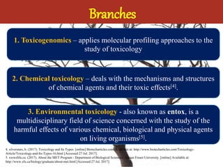 Branches
1. Toxicogenomics – applies molecular profiling approaches to the
study of toxicology
2. Chemical toxicology – deals with the mechanisms and structures
of chemical agents and their toxic effects[4].
3. Environmental toxicology - also known as entox, is a
multidisciplinary field of science concerned with the study of the
harmful effects of various chemical, biological and physical agents
on living organisms[5].
4. silverstars, b. (2017). Toxicology and Its Types. [online] Biotecharticles.com. Available at: http://www.biotecharticles.com/Toxicology-
Article/Toxicology-and-Its-Types-16.html [Accessed 27 Jul. 2017].
5. xwwsSfu.ca. (2017). About the MET Program - Department of Biological Sciences - Simon Fraser University. [online] Available at:
http://www.sfu.ca/biology/graduate/about-met.html [Accessed 27 Jul. 2017].
 