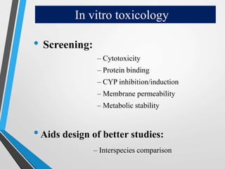 • Screening:
– Cytotoxicity
– Protein binding
– CYP inhibition/induction
– Membrane permeability
– Metabolic stability
•Aids design of better studies:
– Interspecies comparison
In vitro toxicology
 