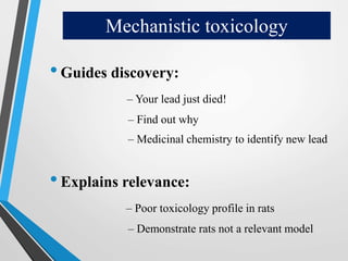 Mechanistic toxicology
•Guides discovery:
– Your lead just died!
– Find out why
– Medicinal chemistry to identify new lead
•Explains relevance:
– Poor toxicology profile in rats
– Demonstrate rats not a relevant model
 